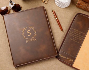 Custom Leather Portfolio with Zip, Personalized Refillable Padfolio, Phd Gift, Christmas gift