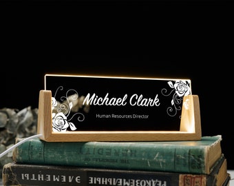 Personalized desk nameplate with LED light wooden base, lighted acrylic nameplate, office gifts for boss coworkers, business gift