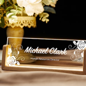 Personalized acrylic light nameplate with wooden holder, office light decor, desktop accessories, gift for boss, business gift
