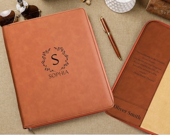 Custom Leather Portfolio with Zip, Personalized Refillable Padfolio, Portfolio Folder, Custom Office Supplies, Phd Gift