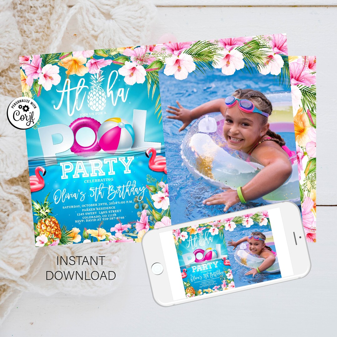 Editable Aloha Pool Party Invitation With Photo Aloha - Etsy