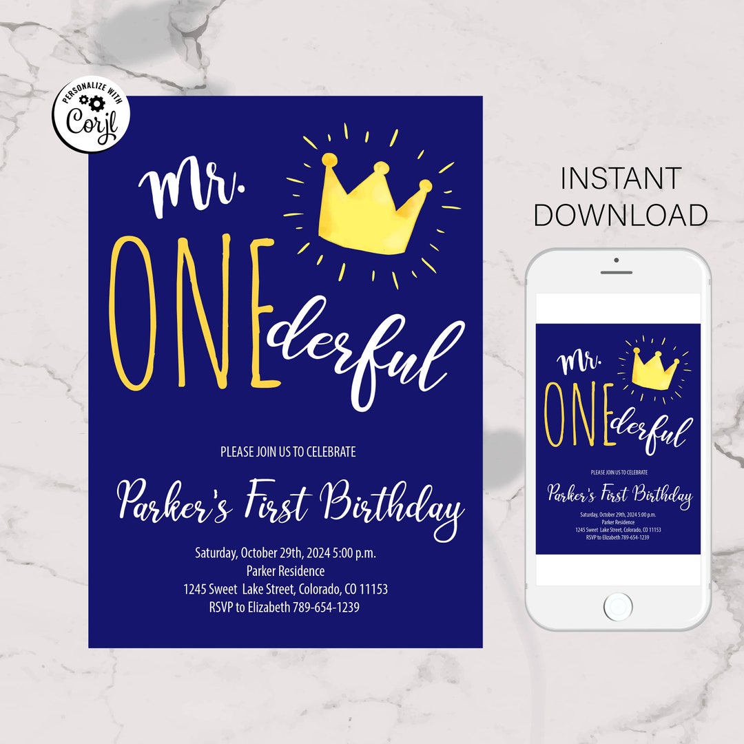 Editable Mr. Onederful Invitation, Crown Mr Onederful Invitation ...