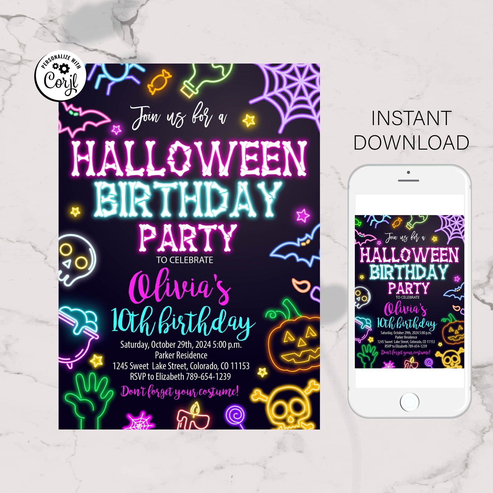 Editable Neon Halloween Birthday Party Invitation Costumes and