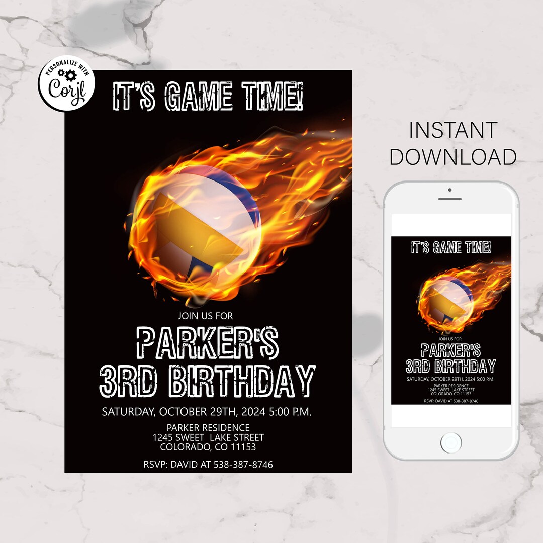 Editable Volleyball Birthday Invitation, Volleyball Birthday Invitation