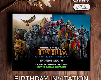 May include: A Transformers themed birthday invitation with a black background and a colorful image of various Transformers characters. The text reads "You're invited to Joshua's 9th Birthday, Sat, Feb 16 | 2:30 PM, 78 Elm St., Houston, TX 75201, RSVP to Isabella 555.444.1234".