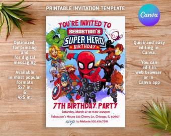 May include: Printable invitation template for a 7th birthday party with a superhero theme. The invitation features a colorful illustration of various superheroes, including Spiderman, Iron Man, and Captain America. The text reads "You're Invited to Sebastian's Super Hero Birthday 7th Birthday Party".