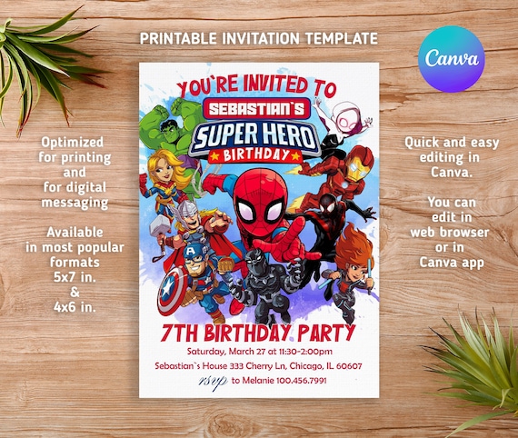 Superhero invitation, avengers Birthday Invite boy, spiderman invitation, Instant Download, super hero Birthday Invite template