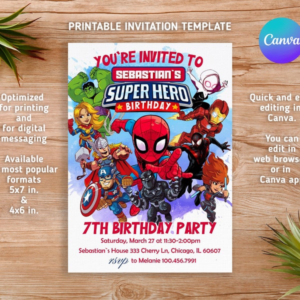 Superhero invitation, avengers Birthday Invite boy, spiderman invitation, Instant Download, super hero Birthday Invite template