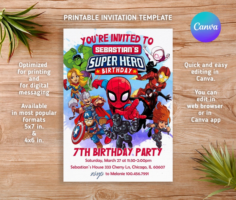 May include: Printable invitation template for a 7th birthday party with a superhero theme. The invitation features a colourful illustration of various superheroes, including Spiderman, Iron Man, and Captain America. The text reads "You're Invited to Sebastian's Super Hero Birthday 7th Birthday Party".