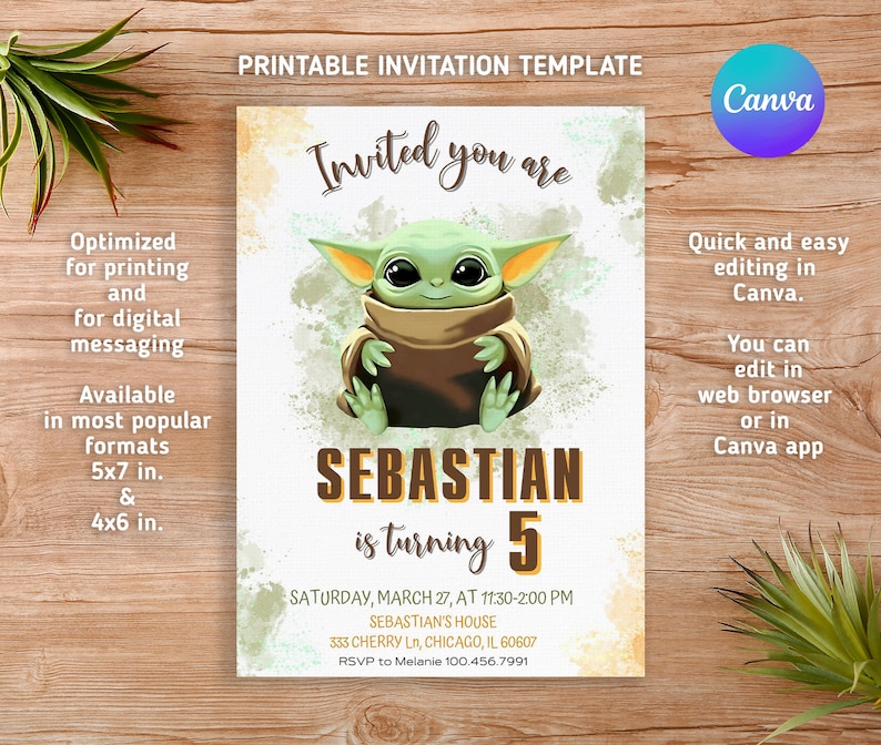 Op de afbeelding: Een afdrukbare uitnodigingssjabloon met een groen alien-personage. De uitnodiging luidt "Invited you are" en "Sebastian is turning 5". Extra tekst bevat evenementdetails en Canva-bewerkingsinformatie. Beschikbaar in formaten van 12,7x17,8 en 10,2x15,2 cm.
