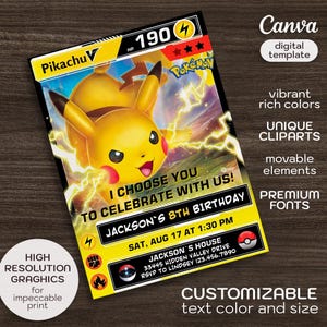 May include: A digital birthday invitation featuring Pikachu from Pok&eacute;mon. The design includes a yellow and black color scheme with text that reads "I choose you to celebrate with us!" and details for the party.