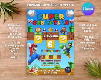 Super mario invitation, Birthday Invite boy girl, mario bros invitation, Instant Download, video game Birthday Invite template