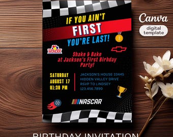 NASCAR feest, shake n bake verjaardag, Ricky Bobby, Boy Racing uitnodiging, afdrukbare auto's verjaardagsuitnodiging, snelheid bewerkbare uitnodigingssjabloon