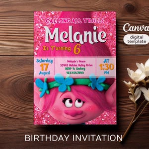 Modello di invito Poppy, Invito di compleanno stampabile, Invito troll modificabile, Compleanno ragazza, Invito elettronico, festa dei troll