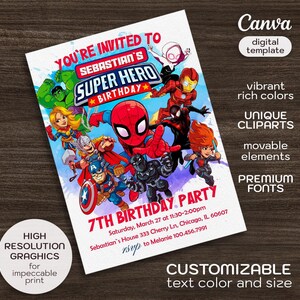 May include: A colourful invitation for a 7th birthday party with a superhero theme. The invitation features a cartoon image of Spiderman, Iron Man, Captain America, and other superheroes. The text on the invitation reads "You're invited to Sebastian's Super Hero Birthday Party".