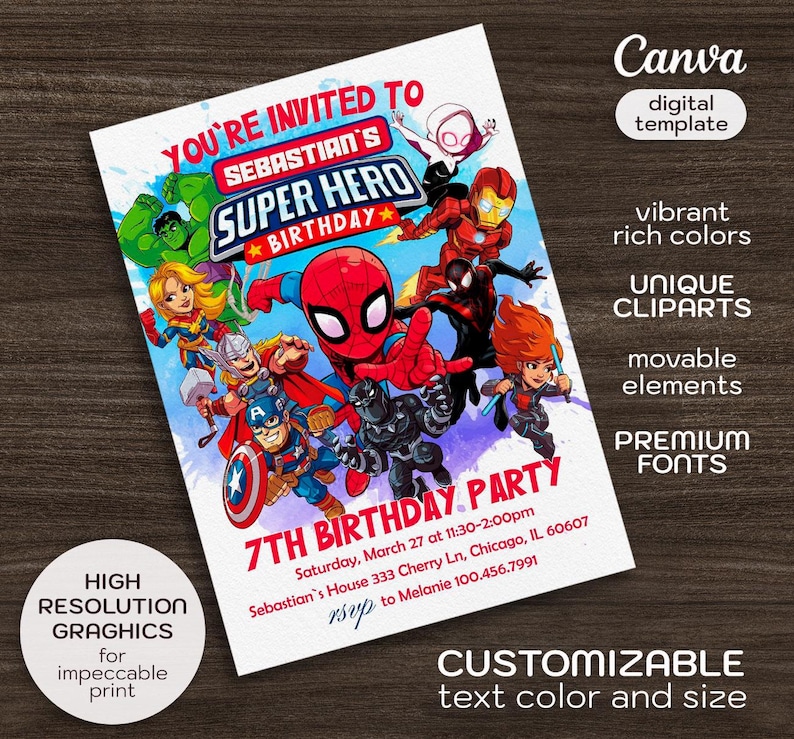 May include: A colourful invitation for a 7th birthday party with a superhero theme. The invitation features a cartoon image of Spiderman, Iron Man, Captain America, and other superheroes. The text on the invitation reads "You're invited to Sebastian's Super Hero Birthday Party".