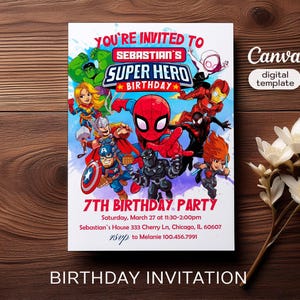 Invito supereroe, ragazzo invito compleanno Avengers, invito Spiderman, download istantaneo, modello invito compleanno supereroe