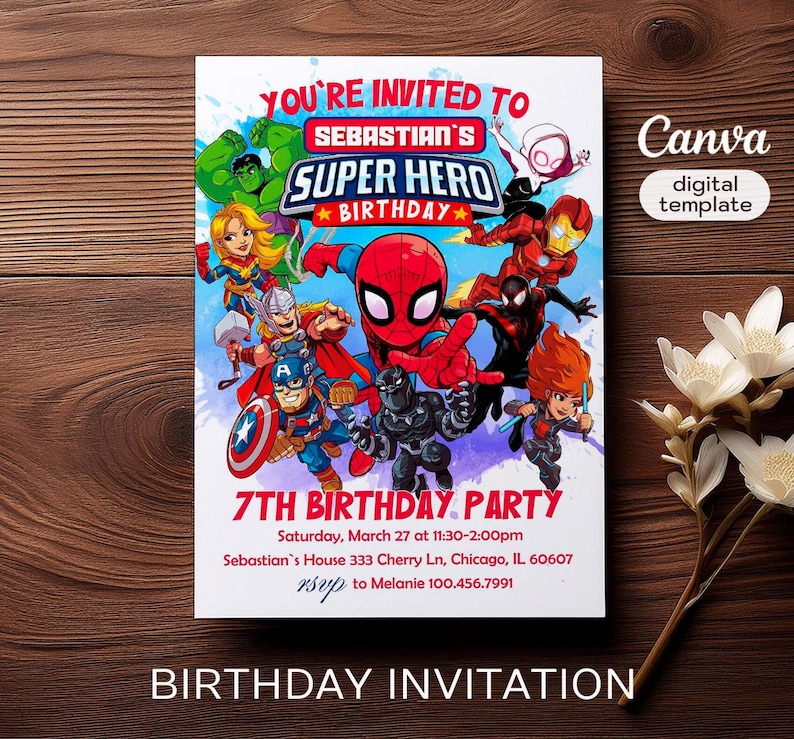 May include: A colourful birthday invitation featuring a superhero theme. The invitation has a blue background with a watercolour effect and features various superheroes, including Spiderman, Iron Man, Captain America, and Black Panther. The text reads "You're invited to Sebastian's Super Hero 7th Birthday Party" and includes the date, time, and location of the party.