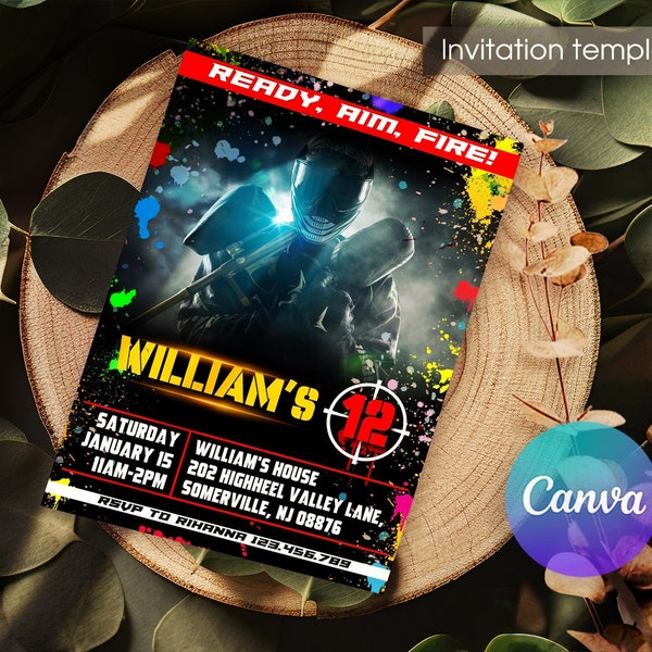 Paintball battle Editable Birthday Invite, paint ball wars invitation, Printable Paintball Invitation, softball Invite template