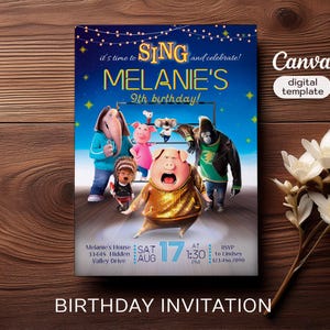 Könnte beinhalten: Eine digitale Geburtstagseinladung mit Charakteren aus dem Film "Sing". Die Einladung hat einen blauen Hintergrund mit dem Text "MELANIE'S 9th birthday!" und Veranstaltungsdetails. Die Canva-Digitalvorlage befindet sich auf einer Holzoberfläche.