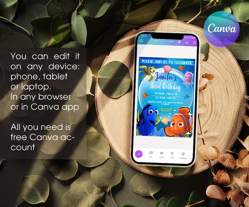 May include: A mobile phone screen displaying a blue and orange Finding Nemo themed birthday invitation for a third birthday party. The invitation includes the text "Please join us to celebrate Jennifer's third birthday" and the date and time of the party. The invitation is on a white background with a blue and orange border. The phone is on a wooden surface with green leaves.