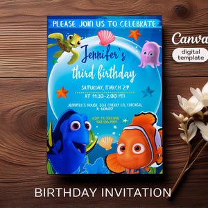 May include: A blue and orange birthday invitation featuring characters from the film Finding Nemo. The invitation is decorated with a blue and white bubble, seashells, and starfish. The text on the invitation reads "Please join us to celebrate Jennifer's third birthday, Saturday, March 27 at 11:30-2:00 PM, Jennifer's House 333 Cherry Ln, Chicago, IL 60607, RSVP to Melanie 100,456,7991".