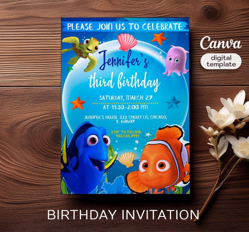 May include: A blue and orange birthday invitation featuring characters from the film Finding Nemo. The invitation is decorated with a blue and white bubble, seashells, and starfish. The text on the invitation reads "Please join us to celebrate Jennifer's third birthday, Saturday, March 27 at 11:30-2:00 PM, Jennifer's House 333 Cherry Ln, Chicago, IL 60607, RSVP to Melanie 100,456,7991".