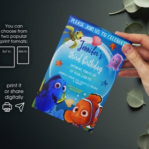 May include: A blue and green birthday invitation featuring a cartoon image of Dory and Nemo from the film Finding Nemo. The invitation is for Jennifer's third birthday party and includes the date, time, and location of the party. The invitation also includes a phone number to RSVP.