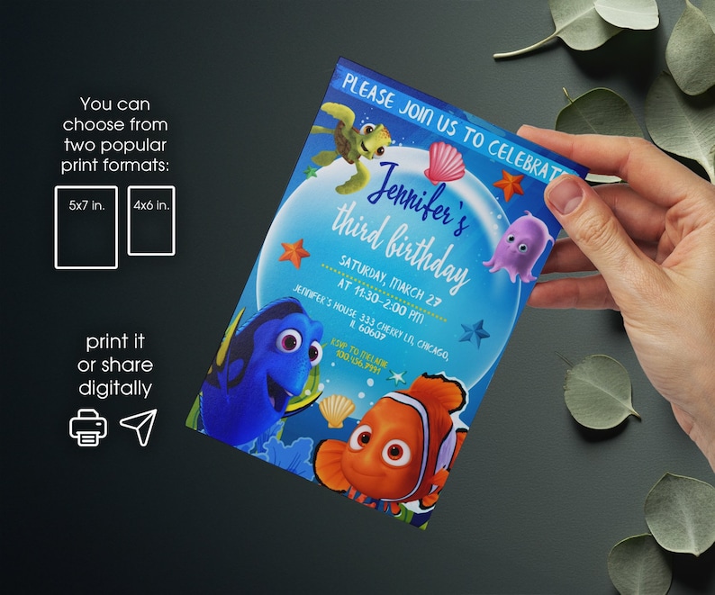 May include: A blue and green birthday invitation featuring a cartoon image of Dory and Nemo from the film Finding Nemo. The invitation is for Jennifer's third birthday party and includes the date, time, and location of the party. The invitation also includes a phone number to RSVP.