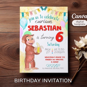 Curious George Geburtstagseinladung, Affeneinladung, Affeneinladung, Curious George Party, Junge 1. Geburtstag, druckbare bearbeitbare Vorlage