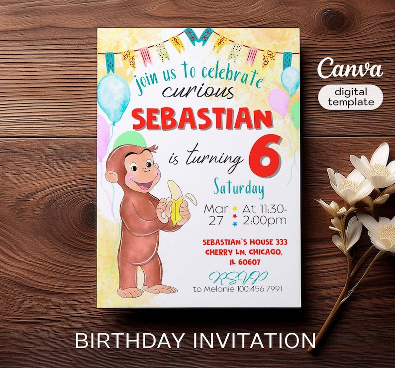 George Michael Invitation Curious George Birthday Invitation, Monkey Invite, Ape Invitation ...