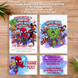 May include: A printable invitation and thank you card set for a superhero themed 7th birthday party. The invitation features a colourful illustration of various superheroes, including Spiderman, Hulk, and Captain America. The thank you card features Spiderman and the text "Thank You!" in red and blue. The text on the invitation reads "You're invited to Sebastian's Super Hero Birthday 7th Birthday Party Saturday, March 27 at 11:30-2:00pm Sebastian's House 333 Cherry Ln, Chicago, IL 60607 RSVP to Melanie 100.456.7991". The text on the thank you card reads "I loved the care and the presents too but the best part was seeing you! Thanks for making my birthday so special! XOXO Sebastian".