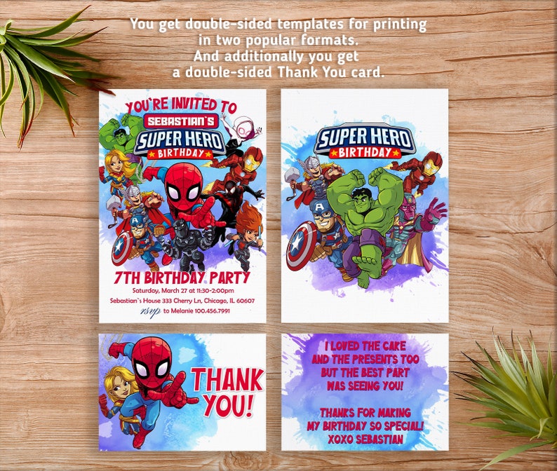 May include: A printable invitation and thank you card set for a superhero themed 7th birthday party. The invitation features a colourful illustration of various superheroes, including Spiderman, Hulk, and Captain America. The thank you card features Spiderman and the text "Thank You!" in red and blue. The text on the invitation reads "You're invited to Sebastian's Super Hero Birthday 7th Birthday Party Saturday, March 27 at 11:30-2:00pm Sebastian's House 333 Cherry Ln, Chicago, IL 60607 RSVP to Melanie 100.456.7991". The text on the thank you card reads "I loved the care and the presents too but the best part was seeing you! Thanks for making my birthday so special! XOXO Sebastian".
