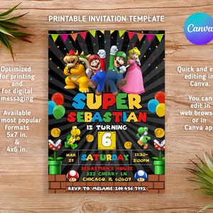 Super Mario Einladung, Geburtstagseinladung Junge Mädchen, Mario Bros Einladung, Sofortiger Download, Videospiel-Geburtstagseinladungsvorlage