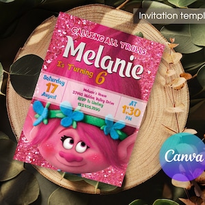 Modèle d’invitation Poppy, invitation d’anniversaire imprimable, invitation de trolls modifiables, anniversaire de fille, invitation électronique, fête des trolls