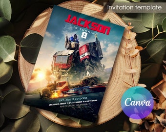 May include: A blue and red Transformers birthday party invitation with a picture of Optimus Prime, a robot that transforms into a semi-truck. The text on the invitation says "Jackson is turning 8".