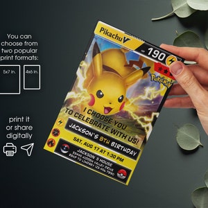 May include: A Pikachu-themed birthday invitation card with the text "I choose you to celebrate with us!" and "Jackson's 8th Birthday." The card features a yellow and black design with the Pok&eacute;mon character Pikachu.