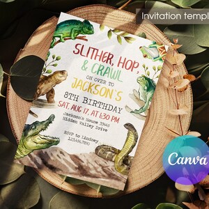 May include: A reptile-themed birthday invitation featuring watercolor illustrations of a chameleon, frog, iguana, turtle, crocodile, and snake. The invitation reads "Slither, Hop, & Crawl" and includes party details for Jackson's 8th birthday.