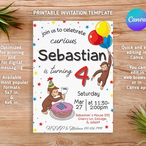 Curious George Geburtstagseinladung, Affeneinladung, Affeneinladung, Curious George Party, Junge 1. Geburtstag, druckbare bearbeitbare Vorlage
