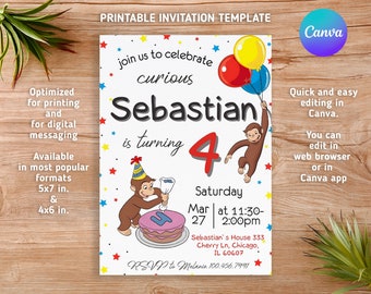 Curious George birthday invitation, monkey invite, ape invitation, Curious George party, boy 1st birthday, printable editable template