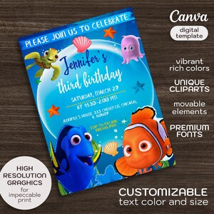 May include: A blue and orange Finding Nemo themed birthday invitation featuring a blue and white fish, an orange and white fish, a turtle, and a purple jellyfish. The invitation reads "Jennifer's third birthday" and includes the date, time, and location of the party.