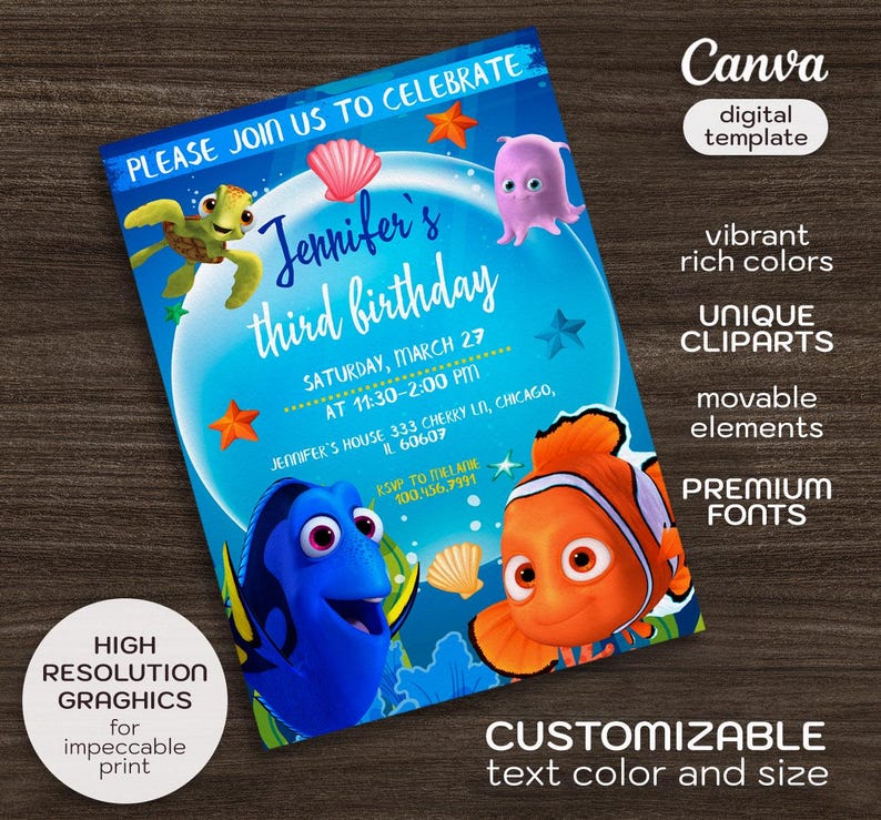 May include: A blue and orange Finding Nemo themed birthday invitation featuring a blue and white fish, an orange and white fish, a turtle, and a purple jellyfish. The invitation reads "Jennifer's third birthday" and includes the date, time, and location of the party.