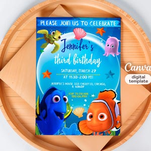 May include: A blue and orange Finding Nemo themed birthday invitation featuring a turtle, a starfish, a seashell, and a jellyfish. The invitation reads "Please join us to celebrate Jennifer's third birthday" and includes the date, time, and location of the party.