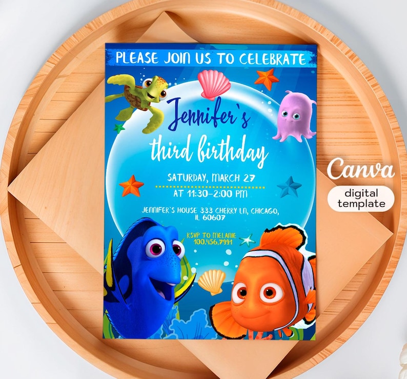 May include: A blue and orange Finding Nemo themed birthday invitation featuring a turtle, a starfish, a seashell, and a jellyfish. The invitation reads "Please join us to celebrate Jennifer's third birthday" and includes the date, time, and location of the party.