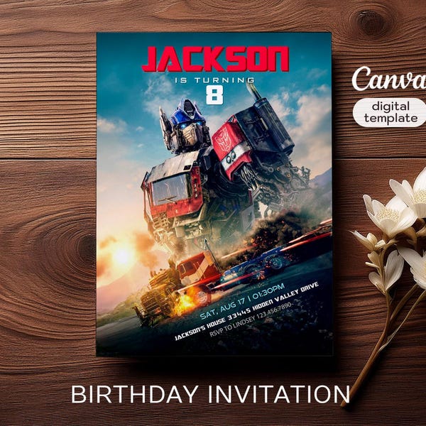 Utskrivbar inbjudan, Transformers Rise of the Beasts födelsedagsinbjudan, Optimus Prime-inbjudan, Autobots-fest, redigerbar humlainbjudan