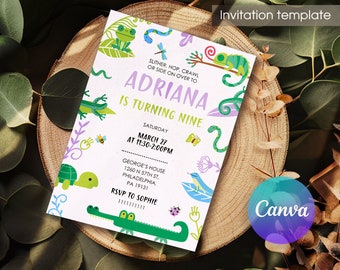 May include: A colorful invitation for a birthday party with a jungle theme. The invitation features a purple background with the text "Adriana is turning nine" and a variety of jungle animals, including a chameleon, a snake, a turtle, and a frog. The invitation also includes the date and time of the party, as well as the address and RSVP information.
