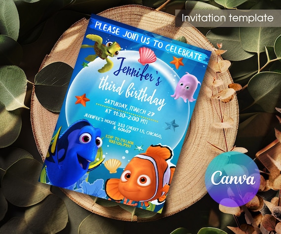Editable invitation template, Under the sea party, digital evite, Printable Nemo birthday invittion, Dory invite