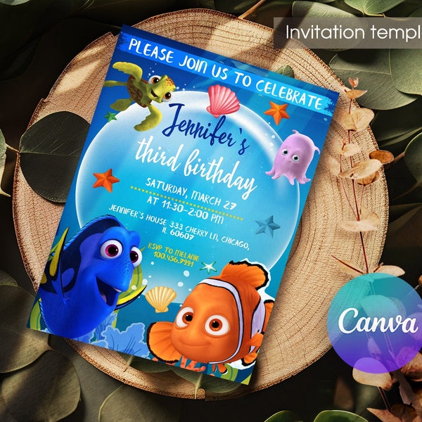 Editable invitation template, Under the sea party, digital evite, Printable Nemo birthday invittion, Dory invite