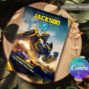 May include: A colorful invitation template featuring a yellow and black robot character. The invitation reads "CALLING ALL AUTOBOTS! JACKSON IS TURNING 5" with event details. The design includes a car graphic and the Canva logo.