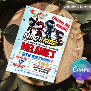 Electronic invite, Ninja Birthday Invite template, Printable birthday invitation, Ninja kidz editable Invite, Boy Girl Birthday Invitation image 1